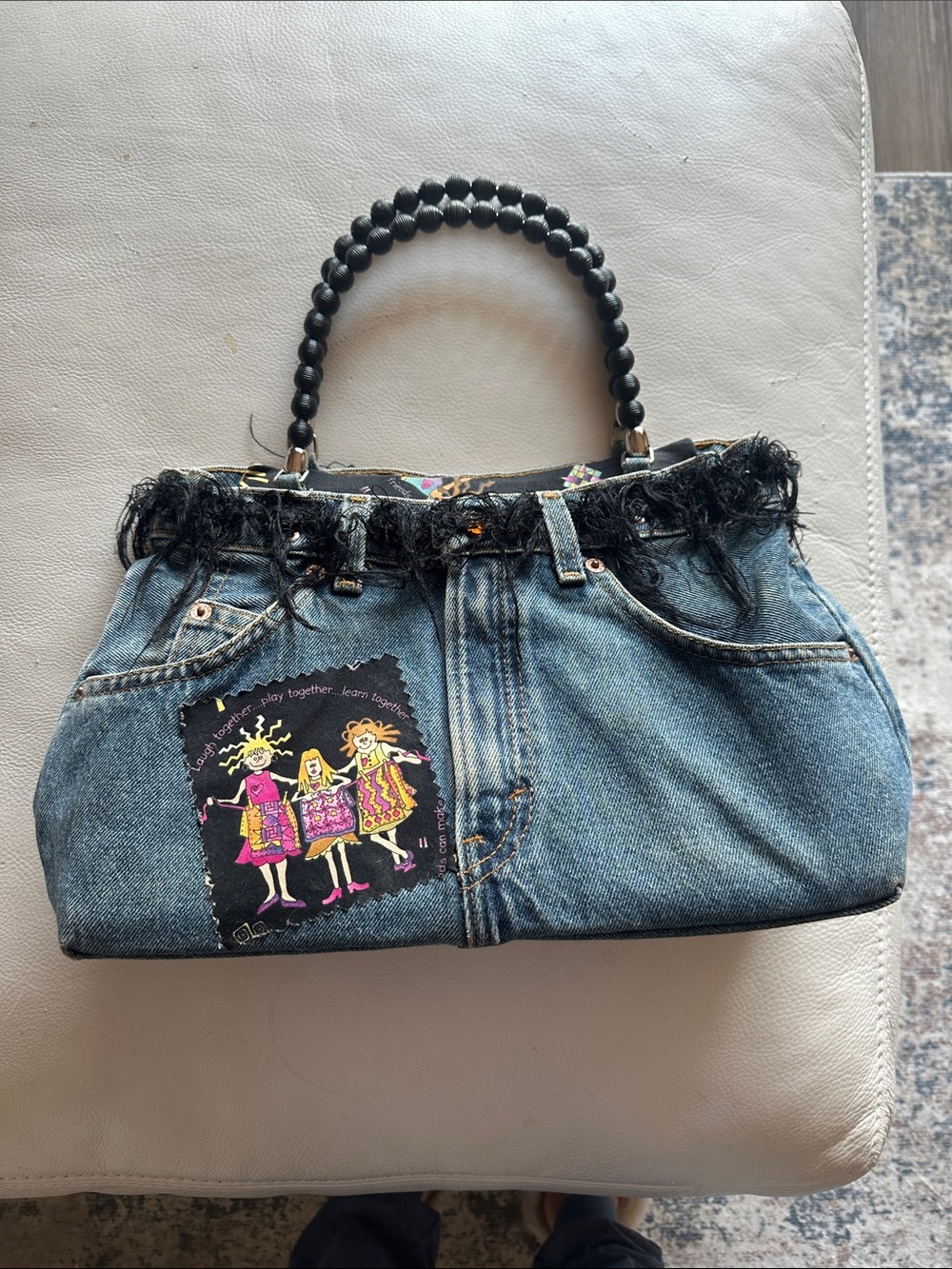 Denim Patch Shoulder Bag with Black Beaded Handle